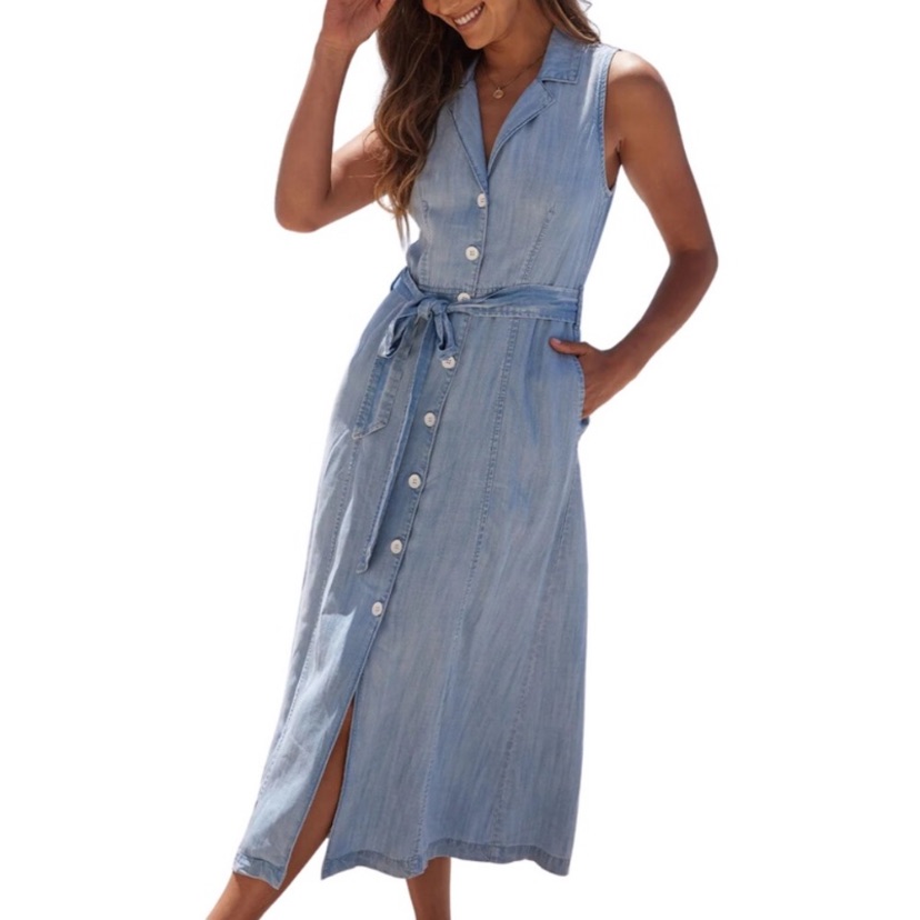 Bella Dahl Chambray Sleeveless Shirt Dress Button Down Midi Dress Duster